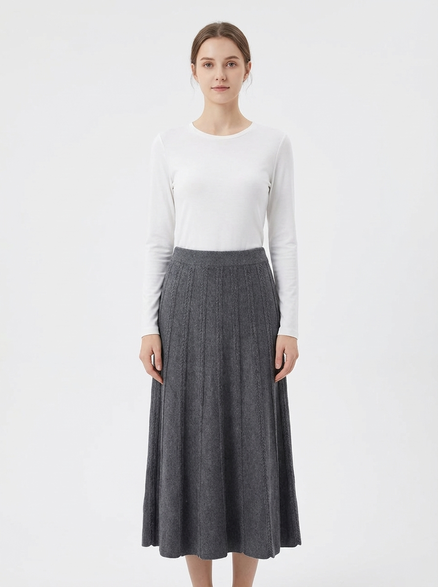Wool Ribbed A-Line Midi Skirt