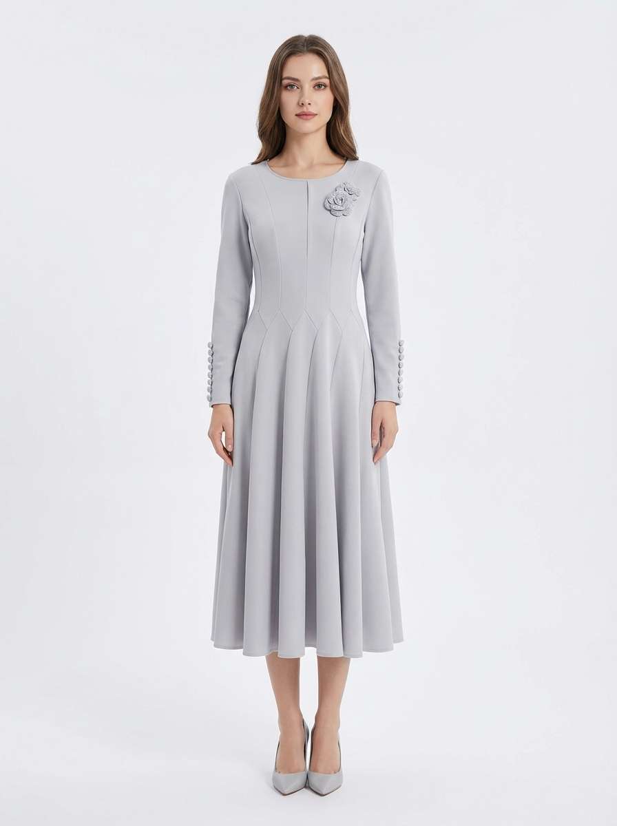 Midi Dress with Floral Brooch