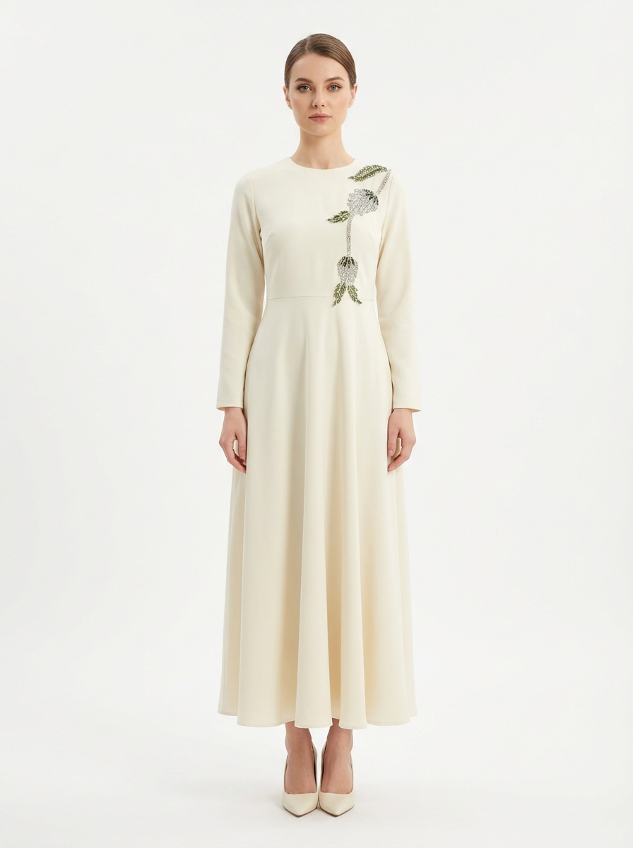 Midi Dress with Floral Embroidery