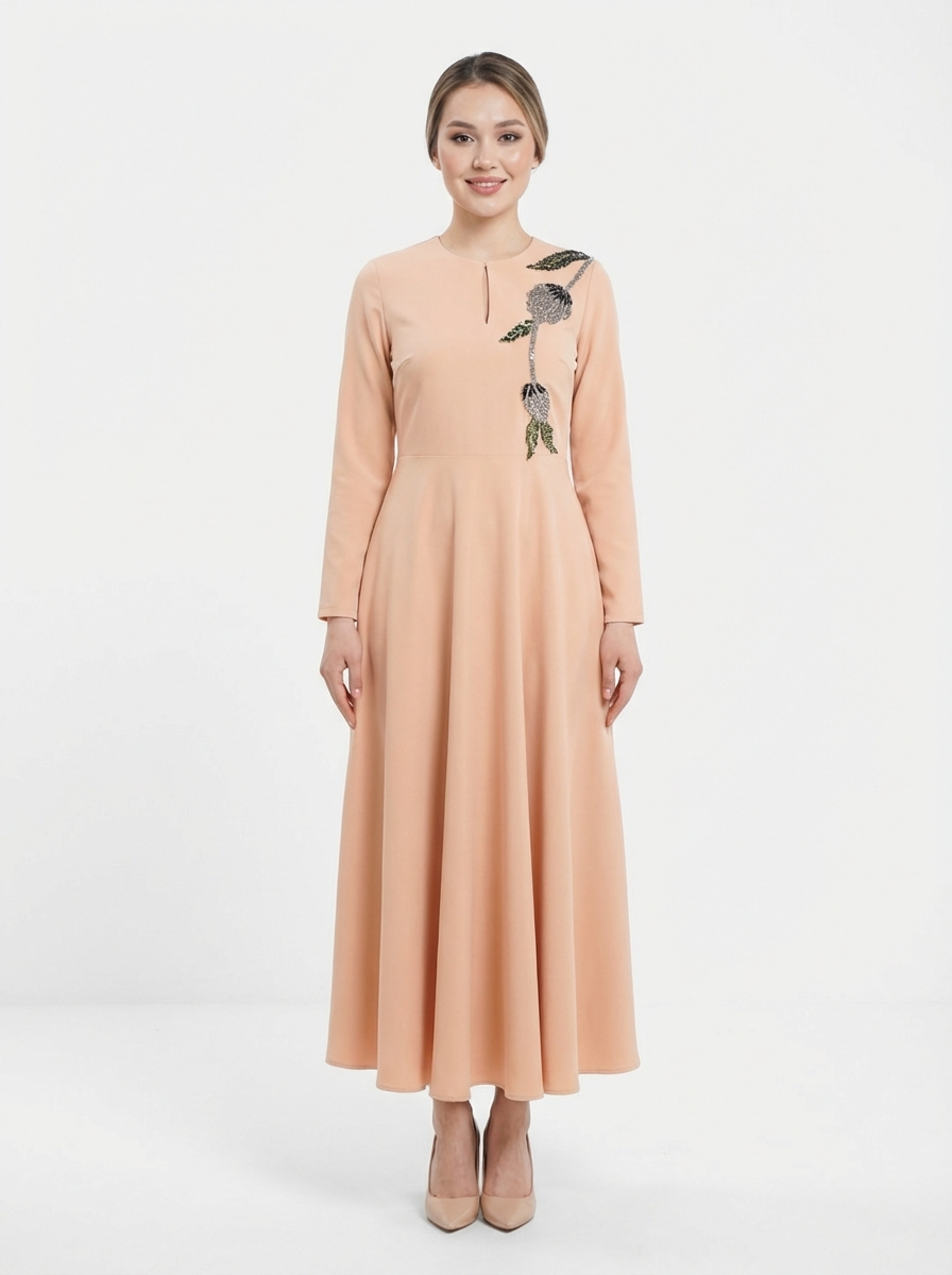 Midi Dress with Floral Embroidery