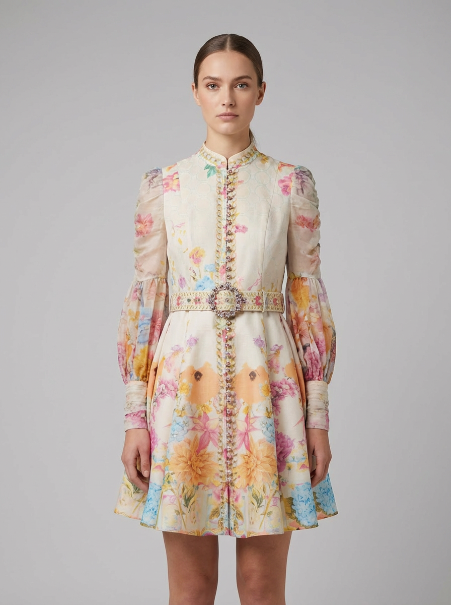 Floral Print Mini Dress with Embellished