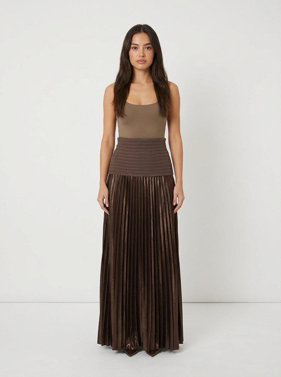 Metallic Pleated Maxi Skirt