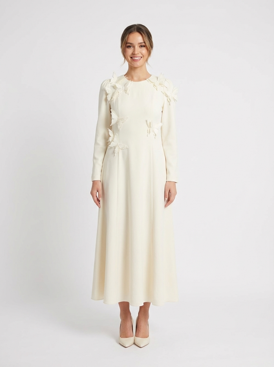 Elegant Midi Dress with Floral Appliqué