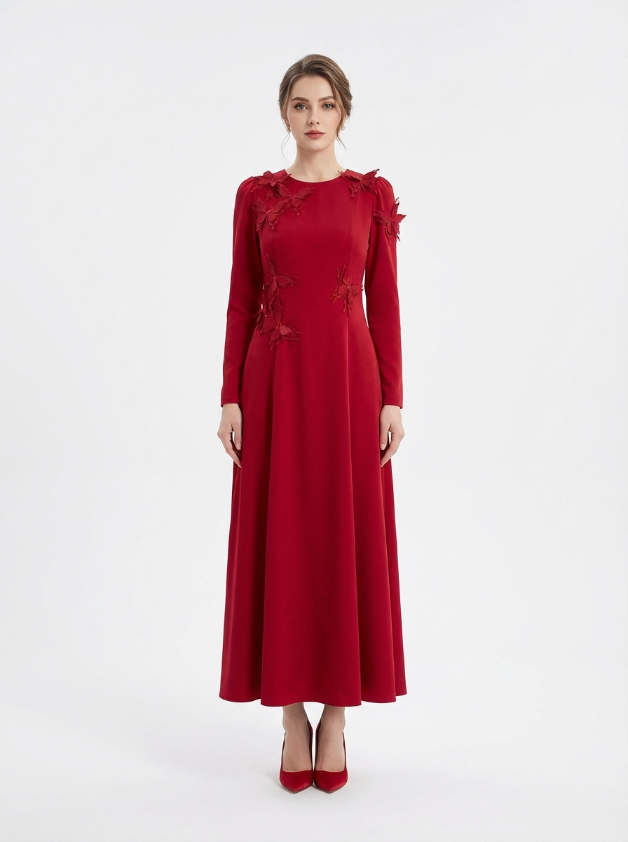 Elegant Midi Dress with Floral Appliqué