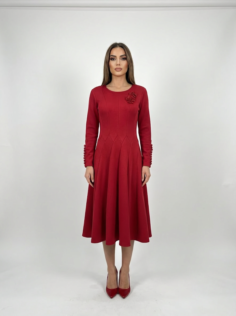 Midi Dress with Floral Brooch