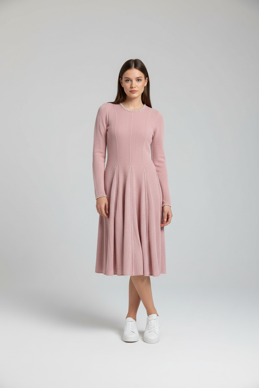 Knit Midi Dress with Pearl Trim