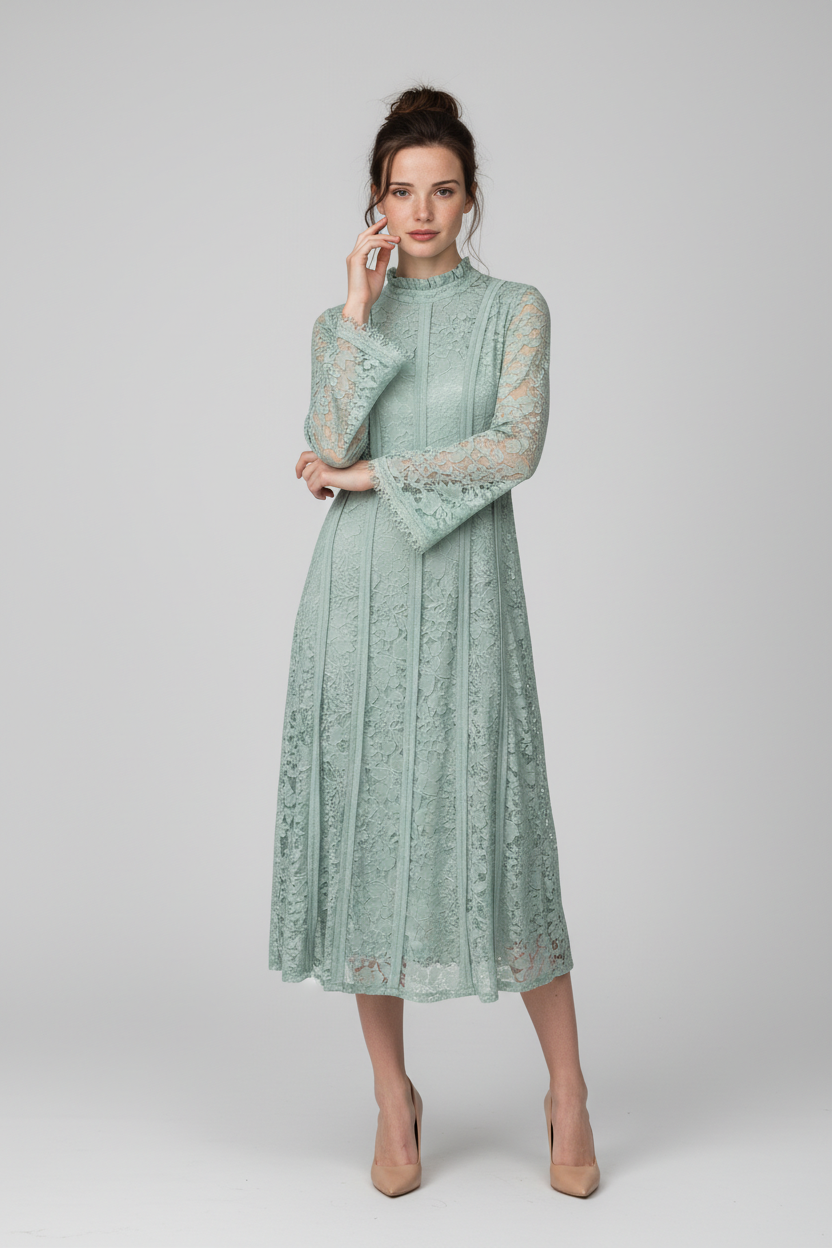 فستان ميدي دانتيل بياقة عالية وأكمام واسعة