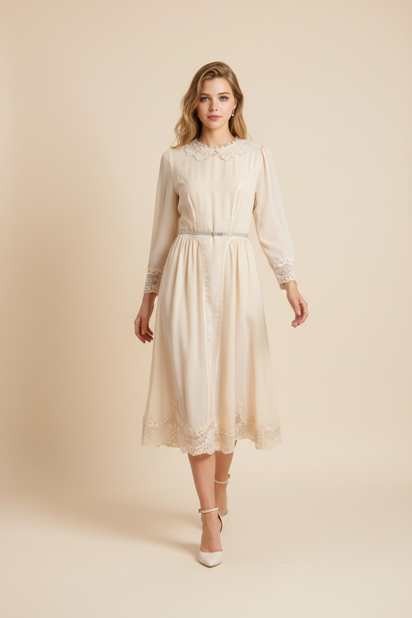 Lace-Trim Midi Dress with Waist Belt