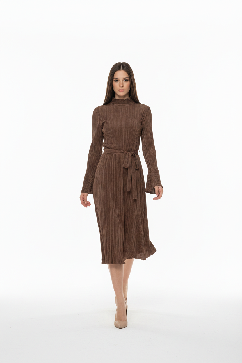 Ribbed Knit Midi Dress with Waist Tie