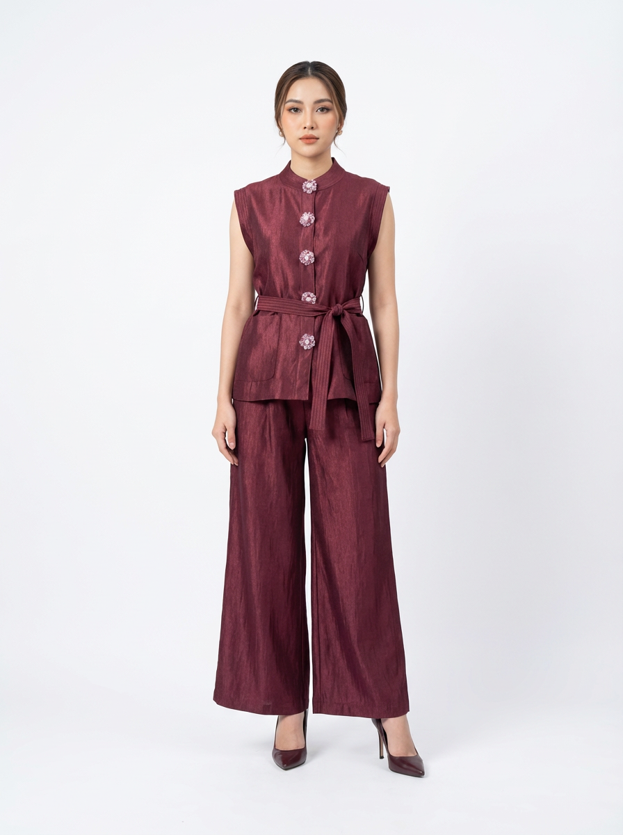 Sleeveless Embellished Top & Wide-Leg Pants Suit
