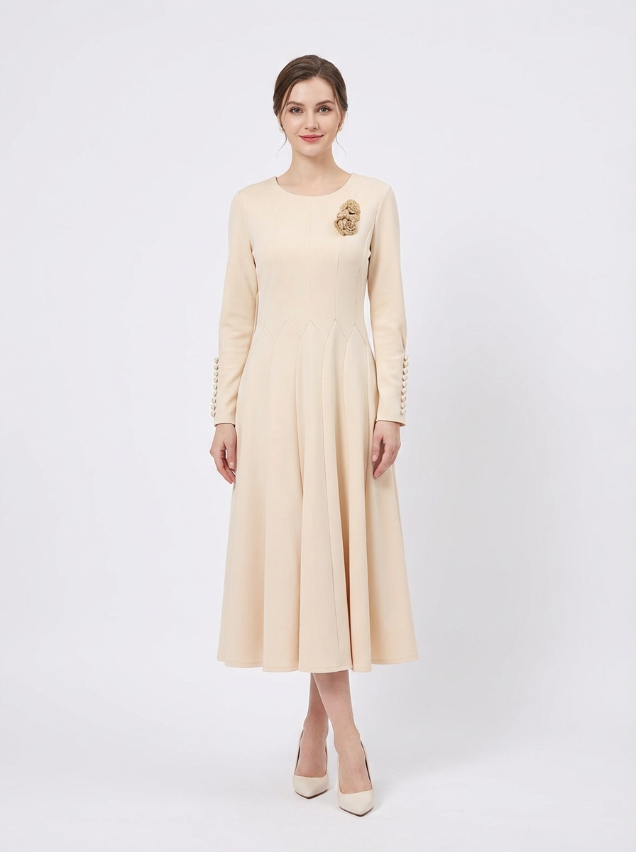 Midi Dress with Floral Brooch