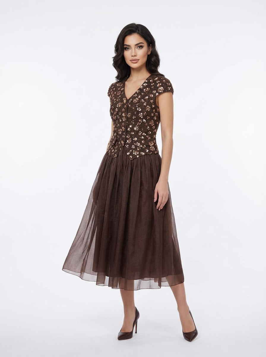 Floral Bodice Midi Dress with Tulle