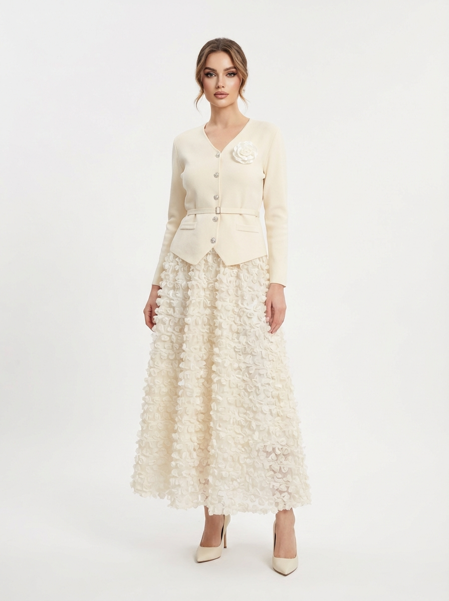 Floral Textured Skirt Suit with Belted Jacket