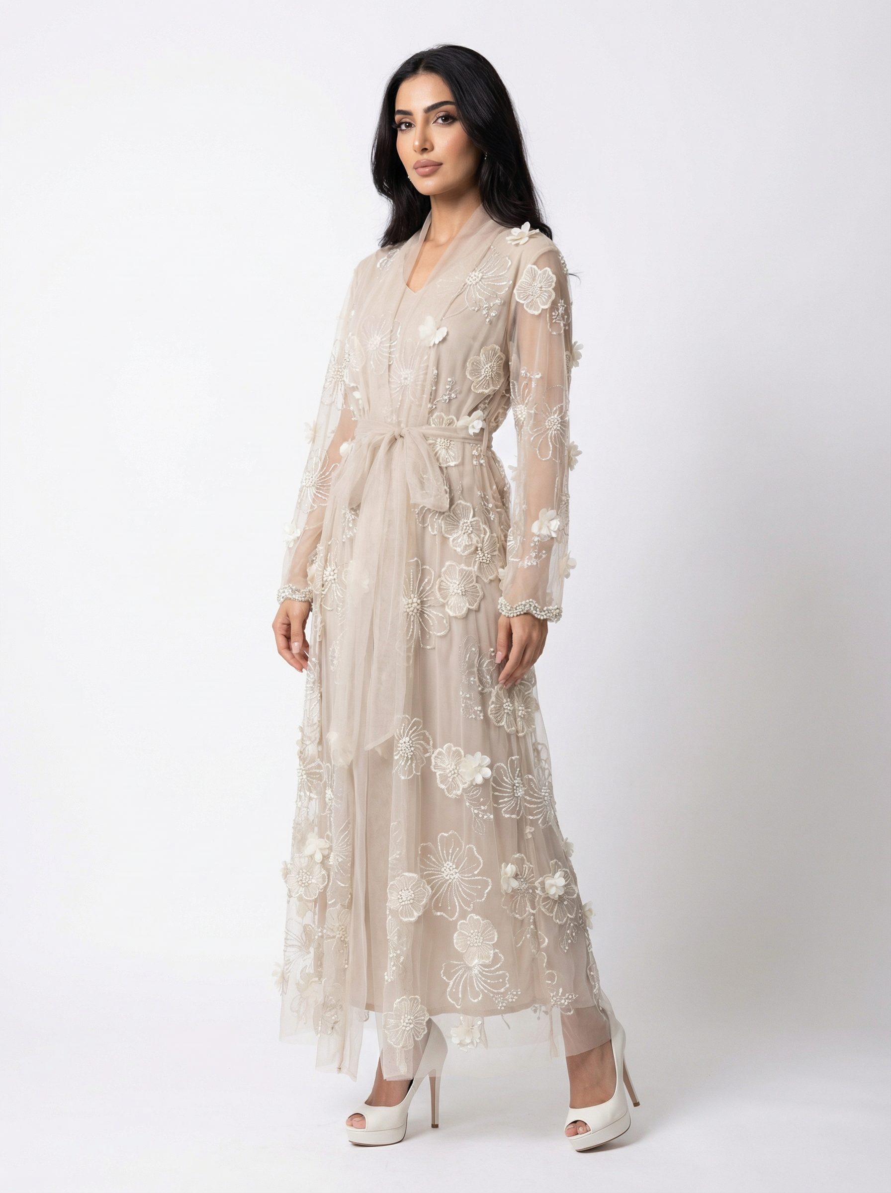 Embroidered Tulle Maxi Dress with Sheer Sleeves