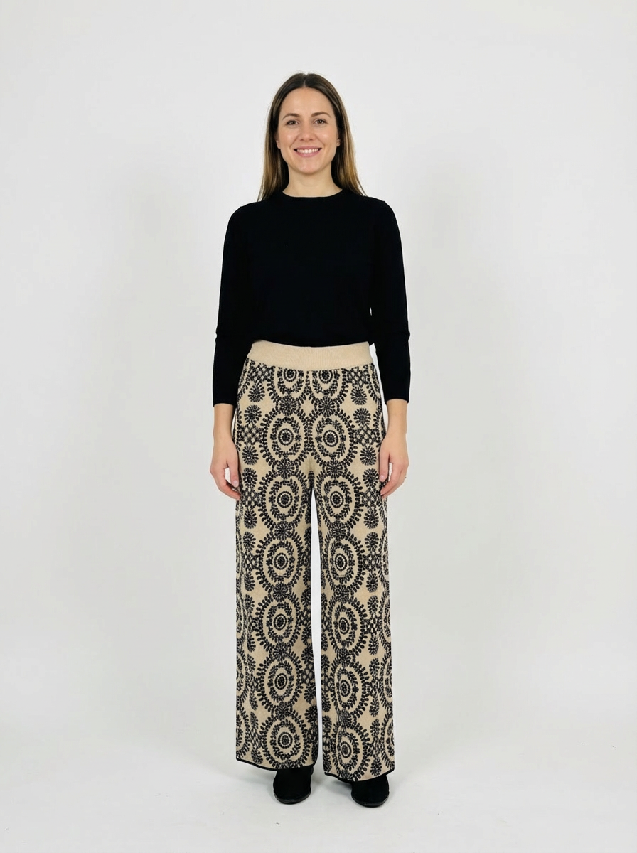 Patterned Wide-Leg Knit Trousers