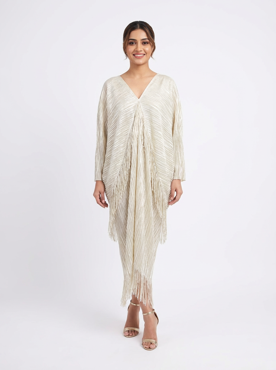 Champagne Pleated Fringe Kaftan Dress